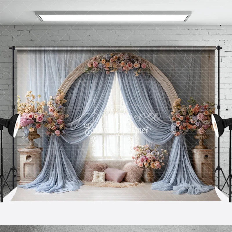 Aperturee - Aperturee Boho Wedding Arch Backdrop Round Wood Arch with Blue Drapes Pink Floral Bridal Shower Photo Prop