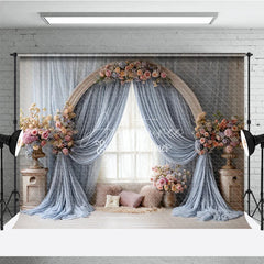 Aperturee - Aperturee Boho Wedding Arch Backdrop Round Wood Arch with Blue Drapes Pink Floral Bridal Shower Photo Prop
