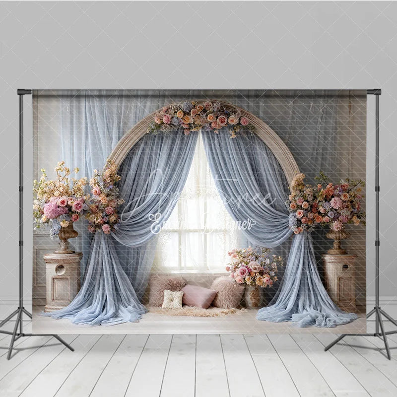 Aperturee - Aperturee Boho Wedding Arch Backdrop Round Wood Arch with Blue Drapes Pink Floral Bridal Shower Photo Prop