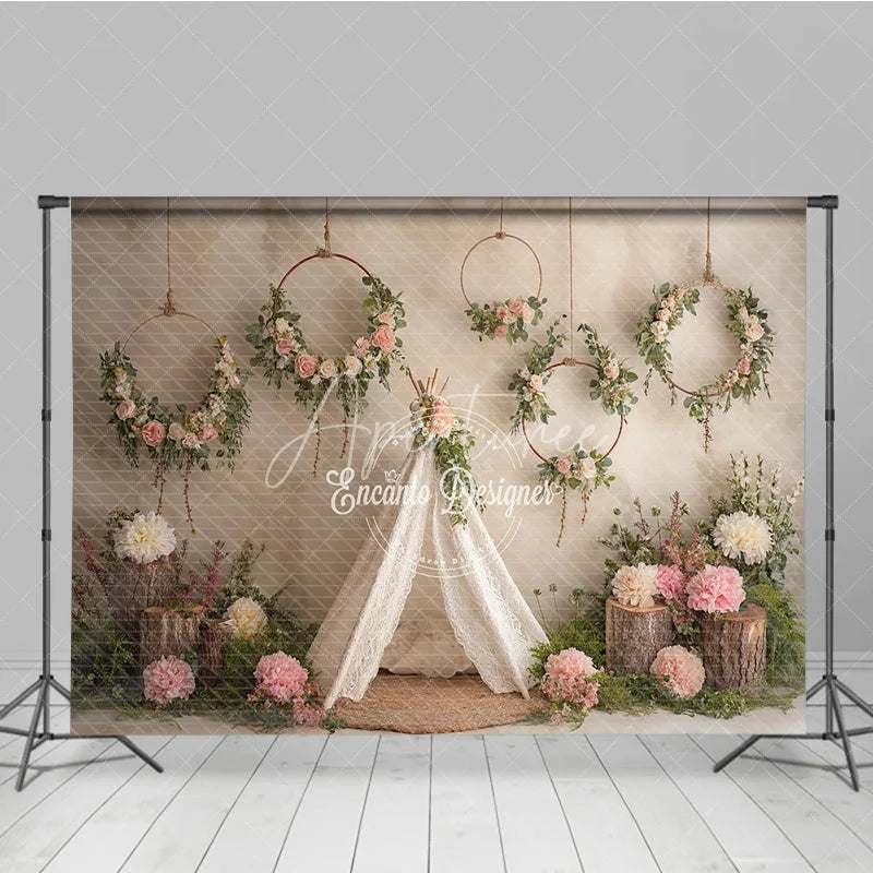 Aperturee - Aperturee Boho Wedding Photography Backdrop Lace Teepee with Floral Hoops Rustic Chic Party Photo Booth Background