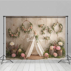 Aperturee - Aperturee Boho Wedding Photography Backdrop Lace Teepee with Floral Hoops Rustic Chic Party Photo Booth Background