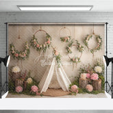 Aperturee - Aperturee Boho Wedding Photography Backdrop Lace Teepee with Floral Hoops Rustic Chic Party Photo Booth Background