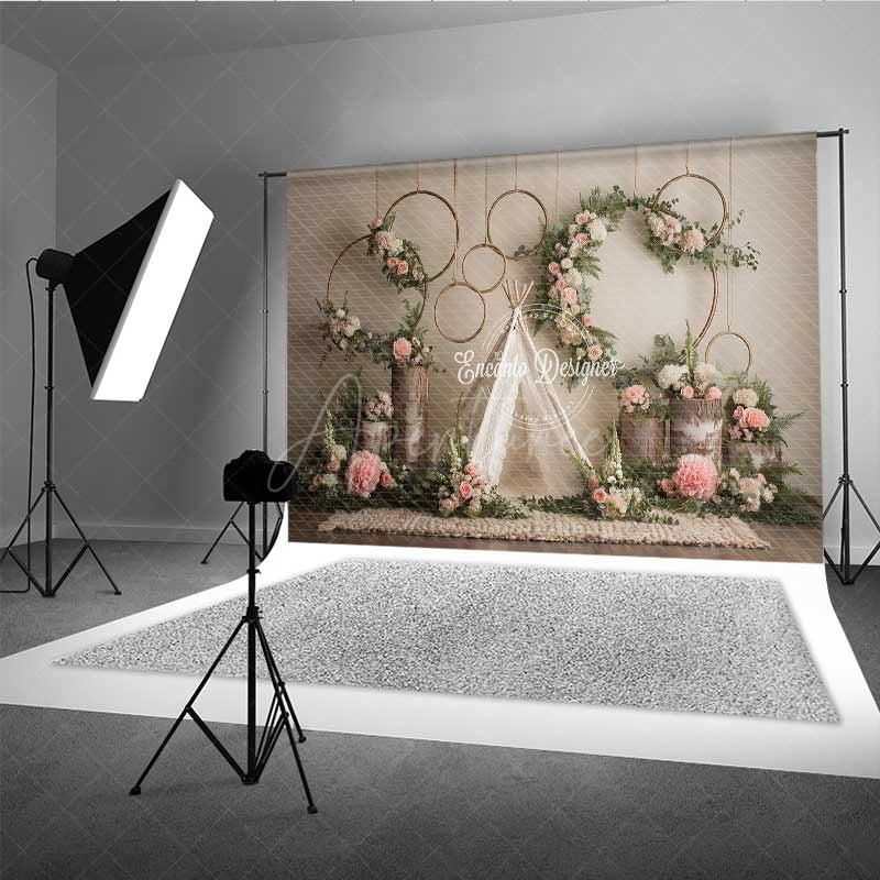 Aperturee - Aperturee Boho Wedding Photography Backdrop Rustic Teepee with Floral Hoops and Greenery Outdoor Ceremony Photo Prop