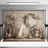Aperturee - Aperturee Boho Wedding Photography Backdrop Rustic Teepee with Floral Hoops and Greenery Outdoor Ceremony Photo Prop