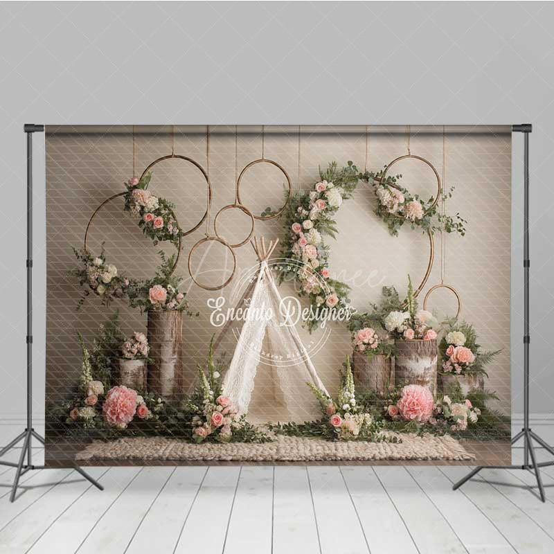 Aperturee - Aperturee Boho Wedding Photography Backdrop Rustic Teepee with Floral Hoops and Greenery Outdoor Ceremony Photo Prop