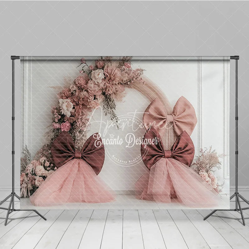 Aperturee - Aperturee Boho Wedding Photography Backdrop with Large Bows Pink Dried Floral Arch Modern Bridal Shower Photo Booth
