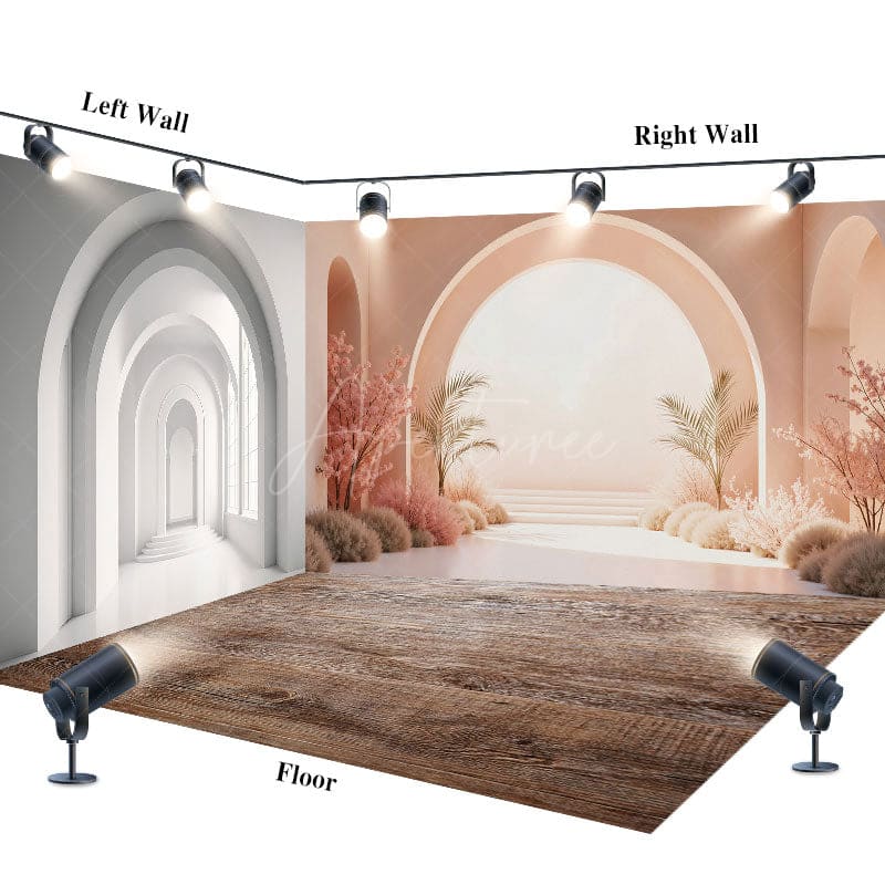 Aperturee - Aperturee Boho White Pink Arched Wood Floor Room Set Backdrop