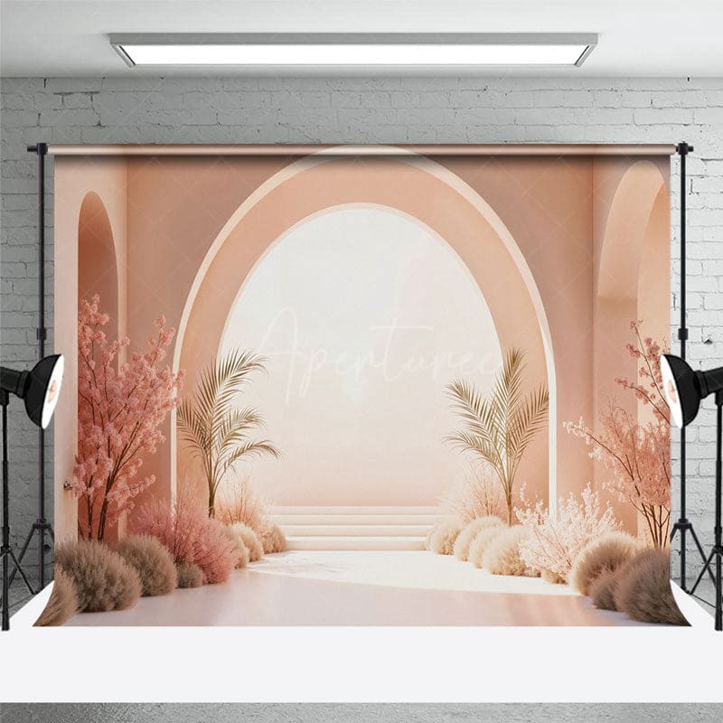 Aperturee - Aperturee Boho White Pink Arched Wood Floor Room Set Backdrop