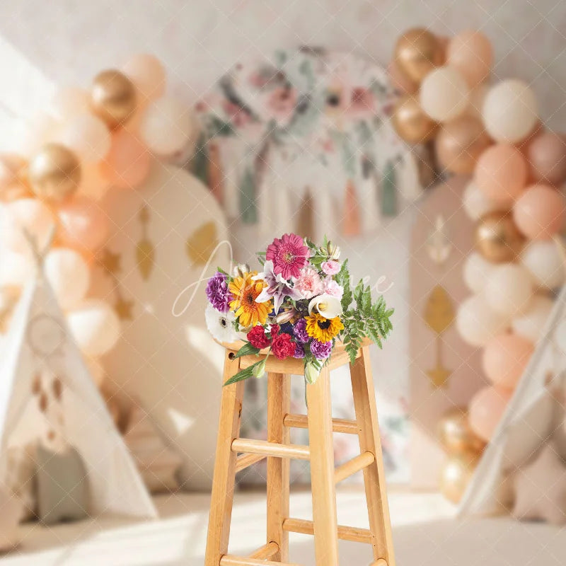 Aperturee - Aperturee Boho Wild One Arch Backdrop Peach Balloon and Teepee Tent Tribal Photography Background for First Birthday