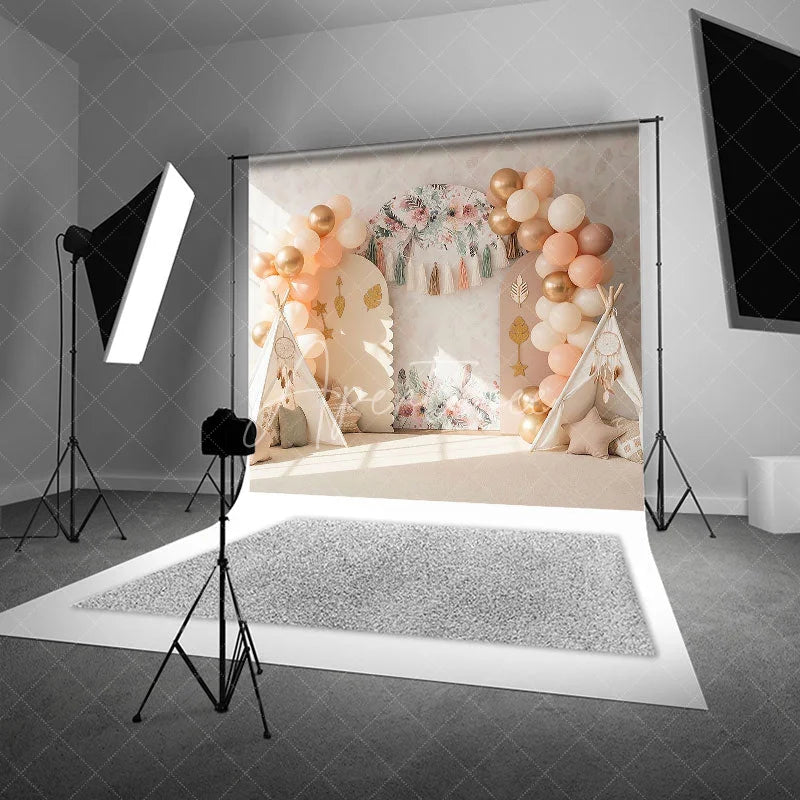 Aperturee - Aperturee Boho Wild One Arch Backdrop Peach Balloon and Teepee Tent Tribal Photography Background for First Birthday