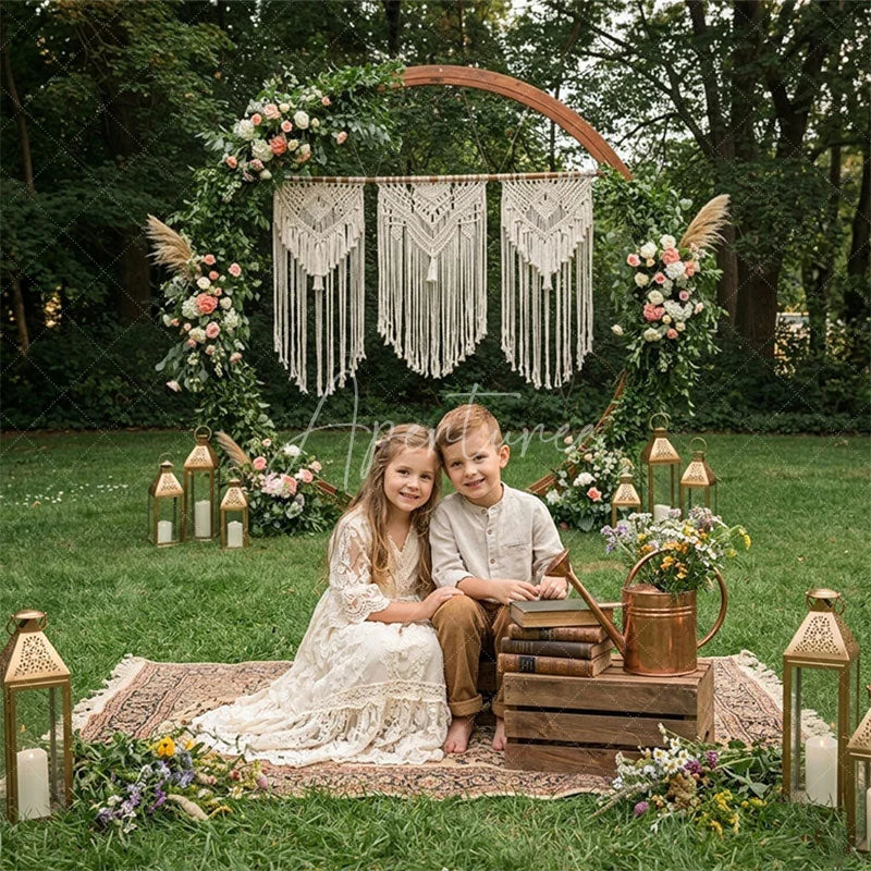 Aperturee - Aperturee Boho Wooden Arch Macrame Floral Combo Set Backdrop featuring Green Grass Floor and Golden Lanterns for Events