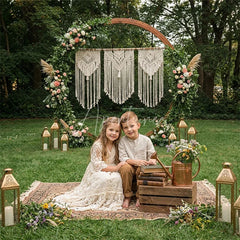 Aperturee - Aperturee Boho Wooden Arch Macrame Floral Combo Set Backdrop featuring Green Grass Floor and Golden Lanterns for Events
