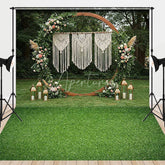Aperturee - Aperturee Boho Wooden Arch Macrame Floral Combo Set Backdrop featuring Green Grass Floor and Golden Lanterns for Events