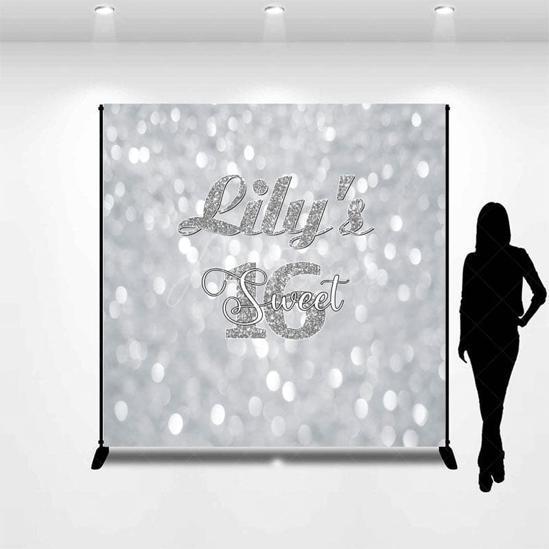 Aperturee - Aperturee Bokeh Silver Custom Name Sweet 16 Birthday Backdrop