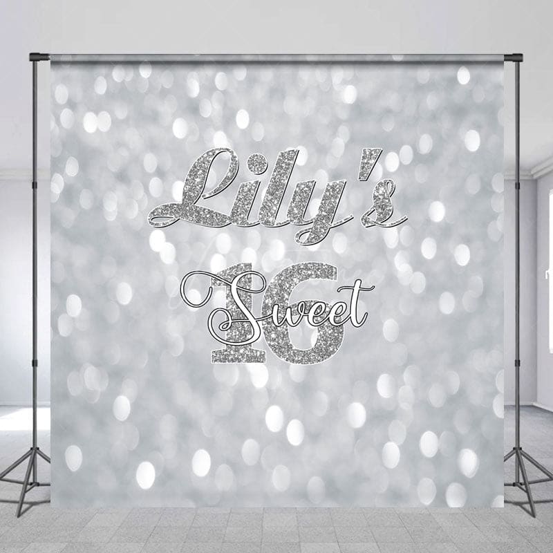 Aperturee - Aperturee Bokeh Silver Custom Name Sweet 16 Birthday Backdrop