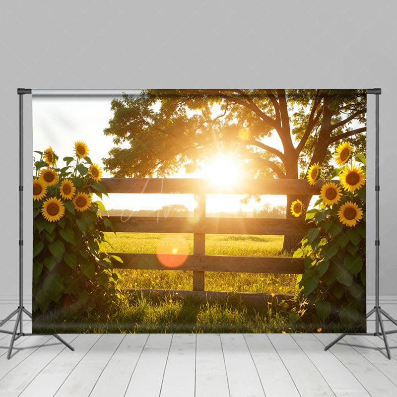 Aperturee - Aperturee Bokeh Summer Glow Fence Sunflower Photo Backdrop