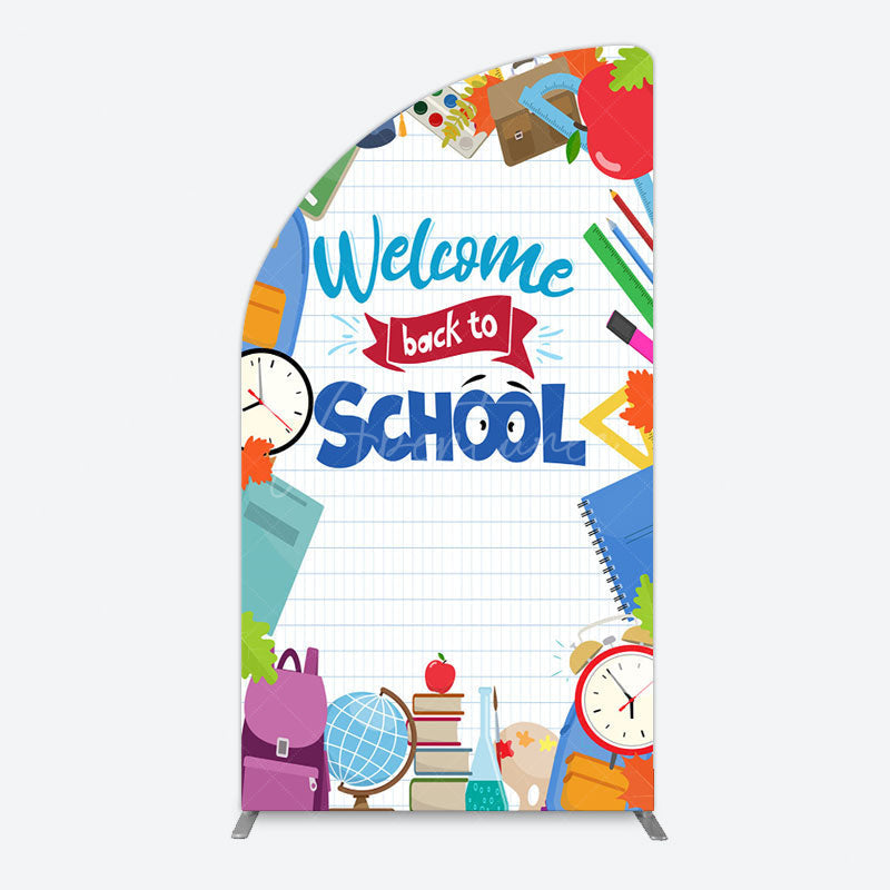 Aperturee - Aperturee Books Class Clock Welcome To School Half Moon Arch Backdrop