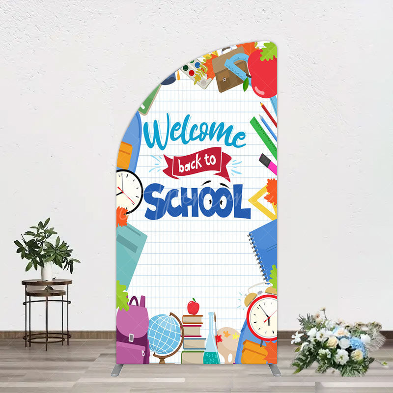 Aperturee - Aperturee Books Class Clock Welcome To School Half Moon Arch Backdrop