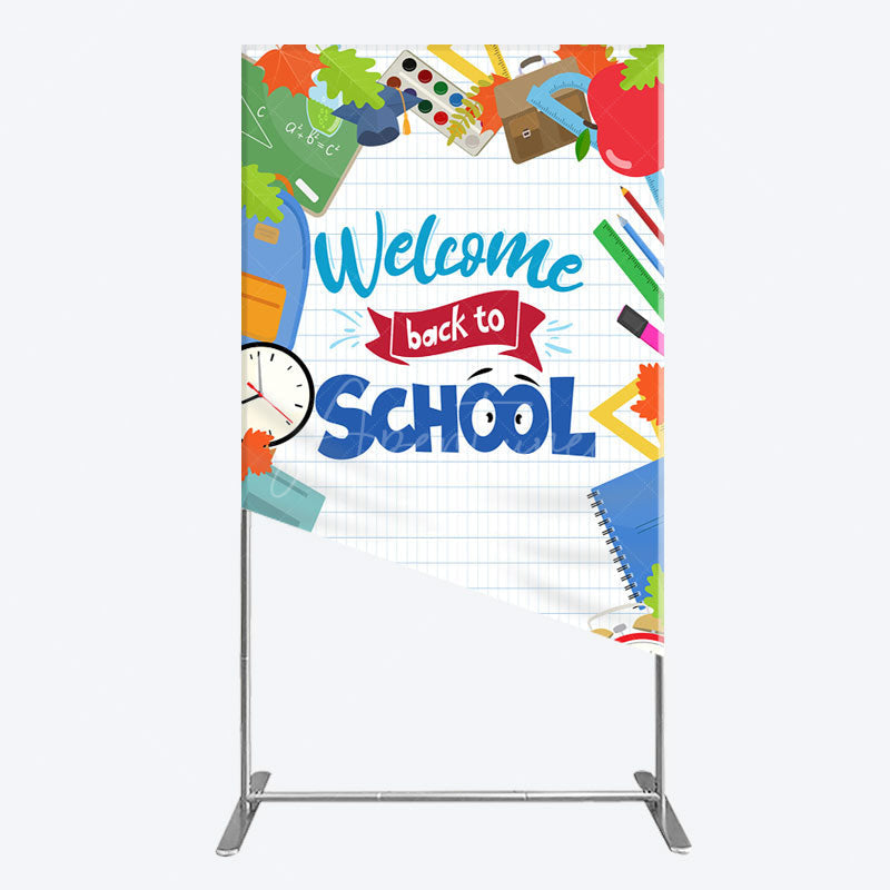 Aperturee - Aperturee Books Class Clock Welcome To School Rectangle Backdrop