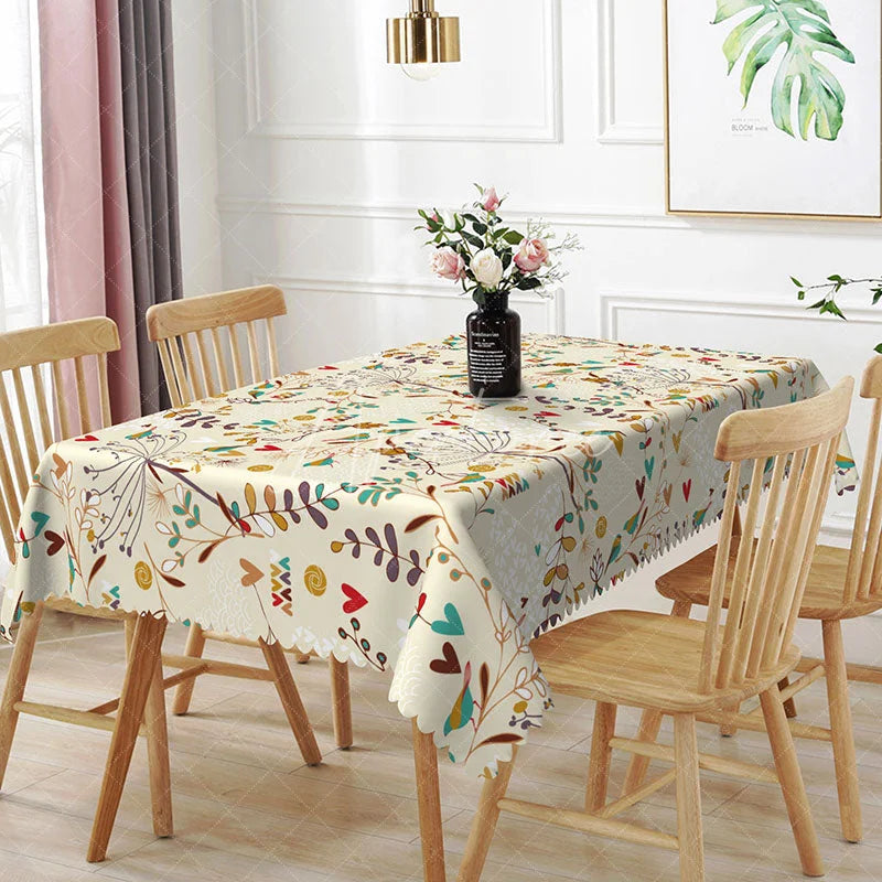 Aperturee - Aperturee Botanical Floral Rectangle Tablecloth Heart Flowers and Birds Dining Table Cover Decor