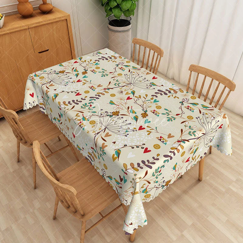 Aperturee - Aperturee Botanical Floral Rectangle Tablecloth Heart Flowers and Birds Dining Table Cover Decor