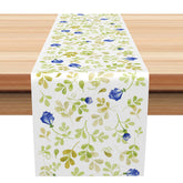 Aperturee - Aperturee Botanical Greenery Table Runner with Blue Floral and Plant Print for Wedding and Farmhouse Kitchen Decor