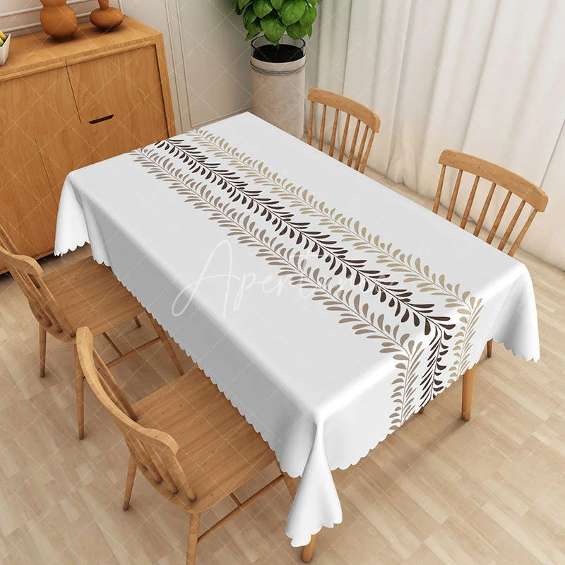 Aperturee - Aperturee Botanical Stripe Rectangle Tablecloth with White Brown and Green Leaves for Modern Farmhouse Decor