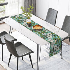 Aperturee - Aperturee Botanical Stripe Table Runner with Green Leaves and Floral Print for Spring and Summer Kitchen Decor
