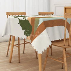 Aperturee - Aperturee Botanical Stripe Tablecloth with Brown and Green Leaves on White for Modern Farmhouse Kitchen Decor