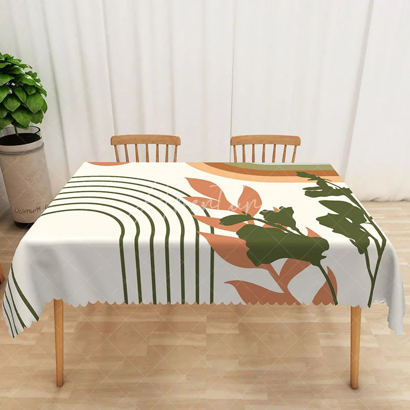 Aperturee - Aperturee Botanical Stripe Tablecloth with Brown and Green Leaves on White for Modern Farmhouse Kitchen Decor