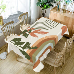 Aperturee - Aperturee Botanical Stripe Tablecloth with Brown and Green Leaves on White for Modern Farmhouse Kitchen Decor