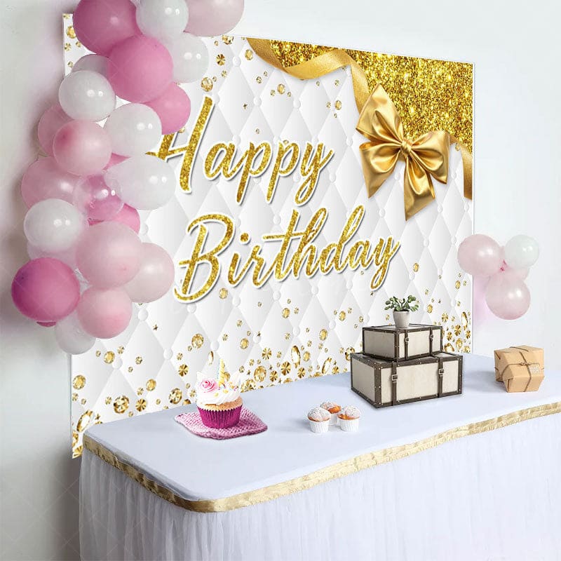 Aperturee - Aperturee Bow Glitter Gold White Vibe Happy Birthday Backdrop