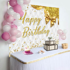 Aperturee - Aperturee Bow Glitter Gold White Vibe Happy Birthday Backdrop
