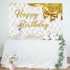 Aperturee - Aperturee Bow Glitter Gold White Vibe Happy Birthday Backdrop