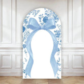 Aperturee - Aperturee Bow with Chinoiserie Floral Arch Backdrop Something Blue Elegant Wedding or Baby Shower Decor