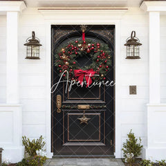 Aperturee - Aperturee Bowknot Red Cherry Wreath Black Christmas Door Cover