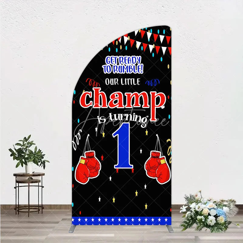 Aperturee - Aperturee Boxing 1st Birthday Half Moon Arch Backdrop Little Champ Party Decoration Red Blue Glove Sport Background