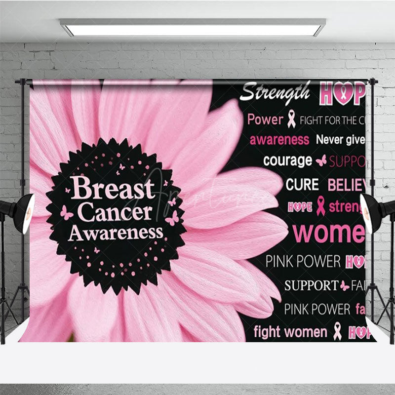 Aperturee - Aperturee Breast Cancer Awareness Backdrop with Pink Flower Strength Hope and Power Women’s Health Event Decor