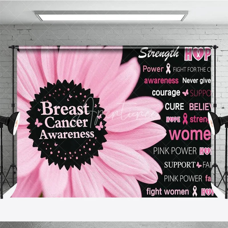 Aperturee - Aperturee Breast Cancer Awareness Backdrop with Pink Flower Strength Hope and Power Women’s Health Event Decor