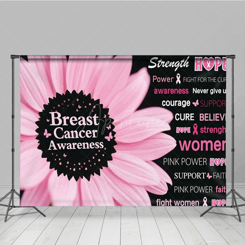 Aperturee - Aperturee Breast Cancer Awareness Backdrop with Pink Flower Strength Hope and Power Women’s Health Event Decor