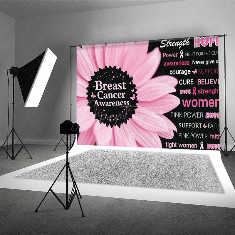 Aperturee - Aperturee Breast Cancer Awareness Backdrop with Pink Flower Strength Hope and Power Women’s Health Event Decor