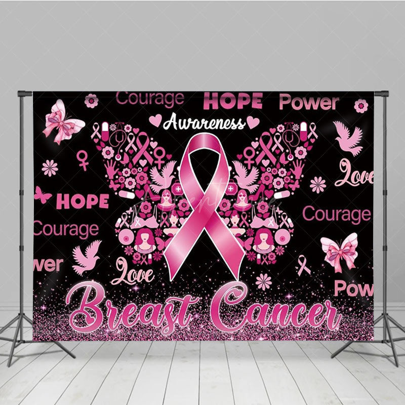 Aperturee - Aperturee Breast Cancer Awareness Backdrop with Pink Ribbon Butterfly Hope Faith Courage Support for Fundraiser Event