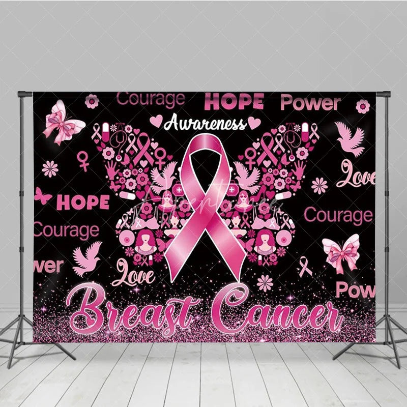 Aperturee - Aperturee Breast Cancer Awareness Backdrop with Pink Ribbon Butterfly Hope Faith Courage Support for Fundraiser Event