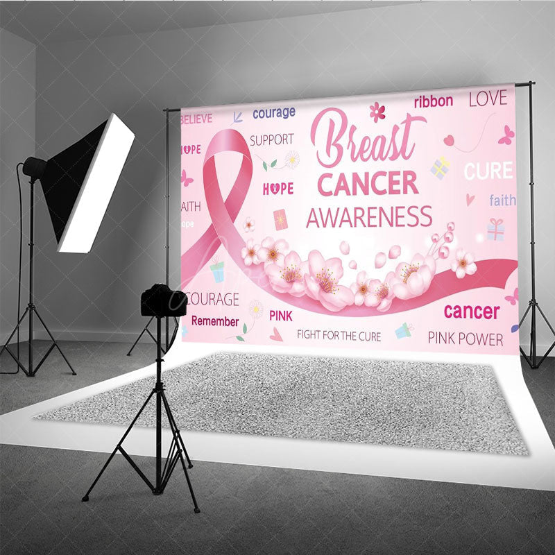 Aperturee - Aperturee Breast Cancer Awareness Backdrop with Pink Ribbon Hope Faith and Courage Support for Fundraiser Event Decor