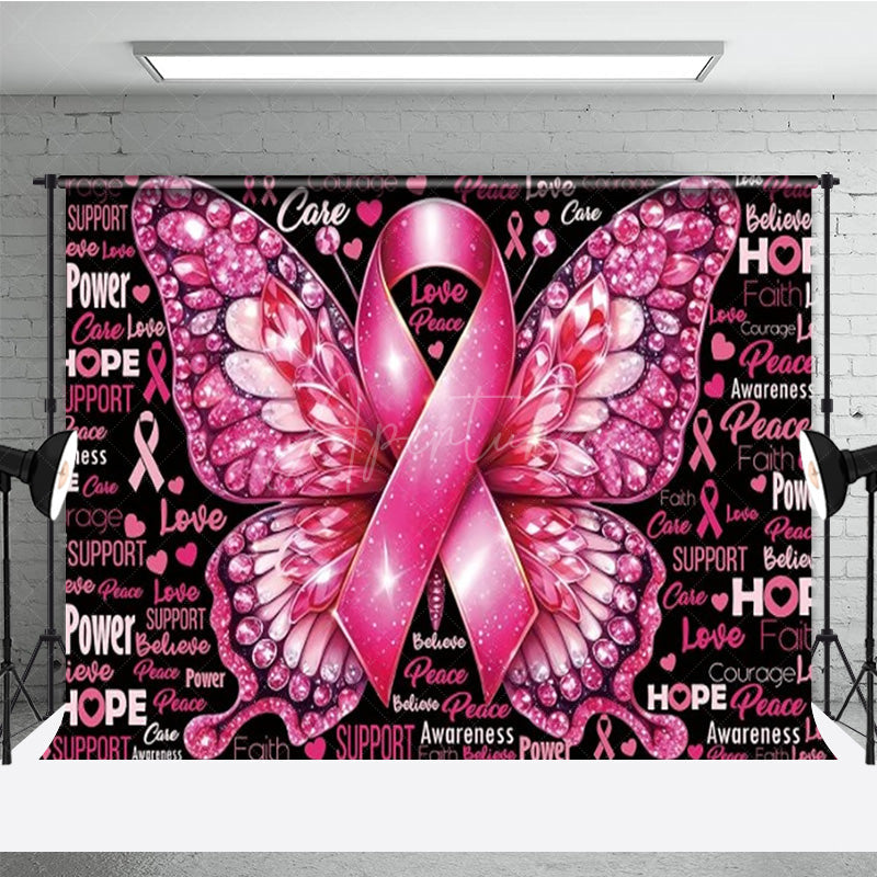 Aperturee - Aperturee Breast Cancer Awareness Pink Ribbon Backdrop Butterfly with Hope and Faith Support and Survivor Event Decor