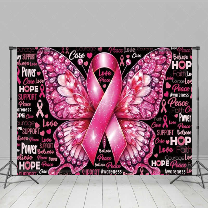 Aperturee - Aperturee Breast Cancer Awareness Pink Ribbon Backdrop Butterfly with Hope and Faith Support and Survivor Event Decor