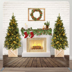 Aperturee - Aperturee Brick Wall Fireplace Tree Christmas Square Backdrop