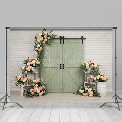 Aperturee - Aperturee Brick Wall Green Barn Door Floral Wedding Backdrop