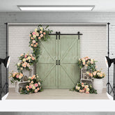 Aperturee - Aperturee Brick Wall Green Barn Door Floral Wedding Backdrop