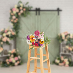 Aperturee - Aperturee Brick Wall Green Barn Door Floral Wedding Backdrop